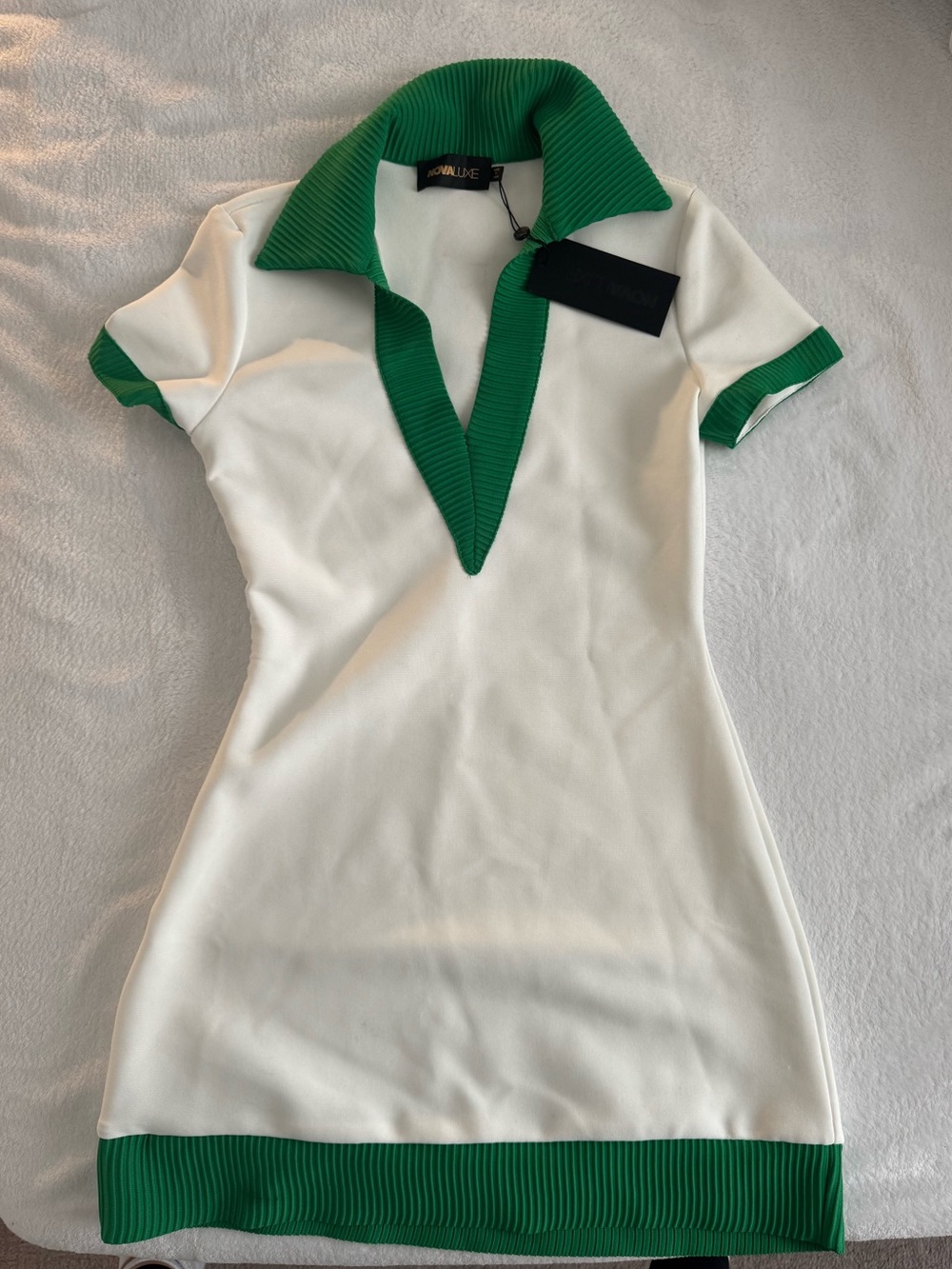 Fashion Nova Cream Mini Polo Dress with Green Ribbed Trim